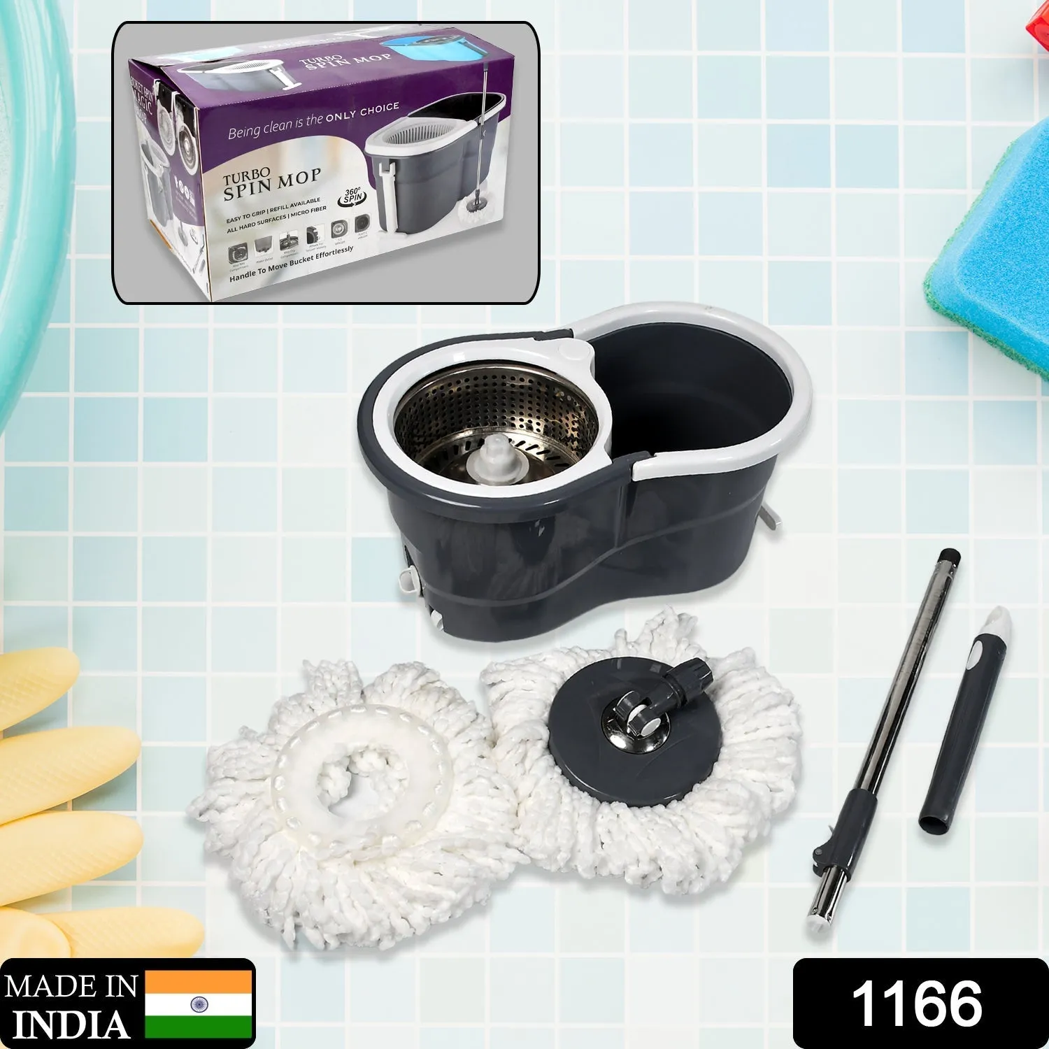 1166 Spin Mop with Big Wheels and Stainless Steel Wringer, Bucket Floor Cleaning High Quality Bucket