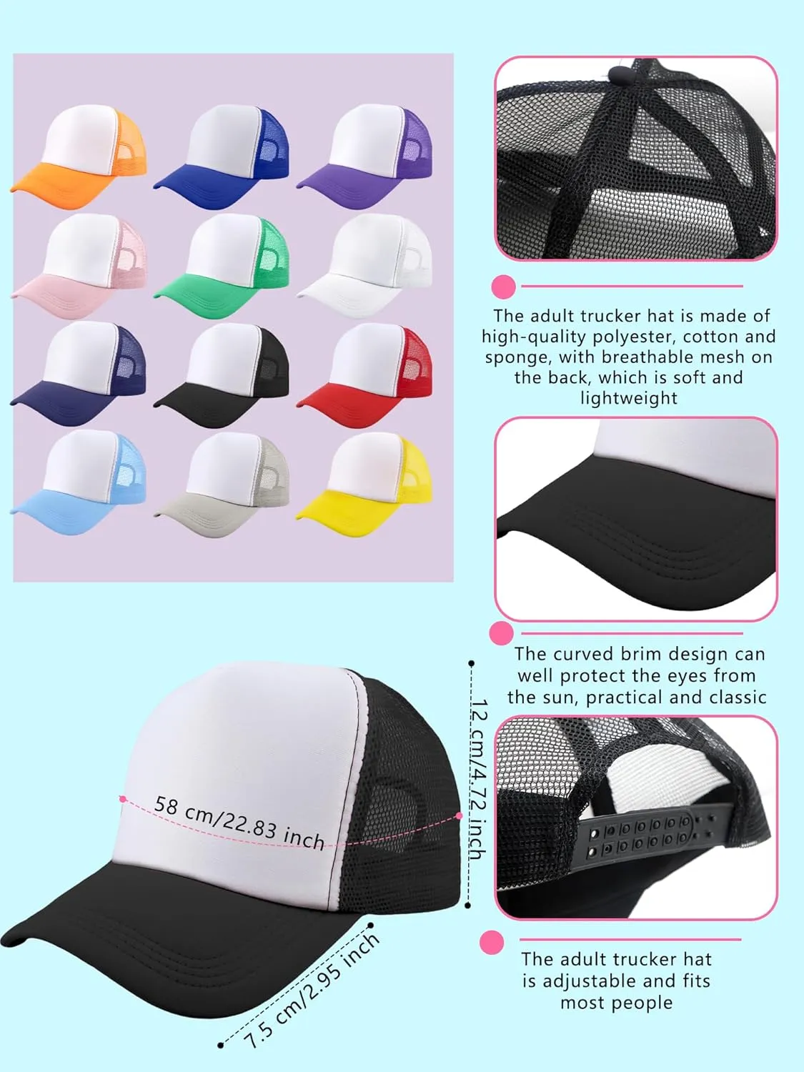 12 Pack Child Trucker Hats Bulk DIY Sublimation Baseball Cap Blank Mesh Trucker Cap for Kids Summer Outdoor Sports