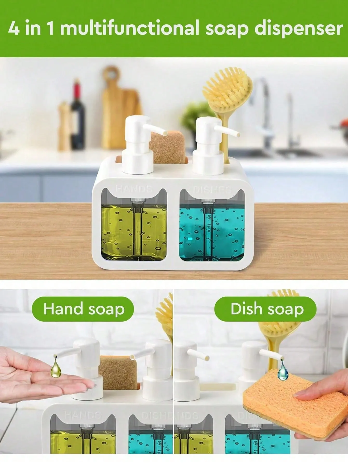 1pc Dish Soap Dispenser For Sink Countertop, Soap Dispenser With Sponge Caddy And Brush Holder, Refillable Lotion Dispenser, Lotion Container For Bathroom, Bathroom Accessories, Home Decor, Furniture For Home