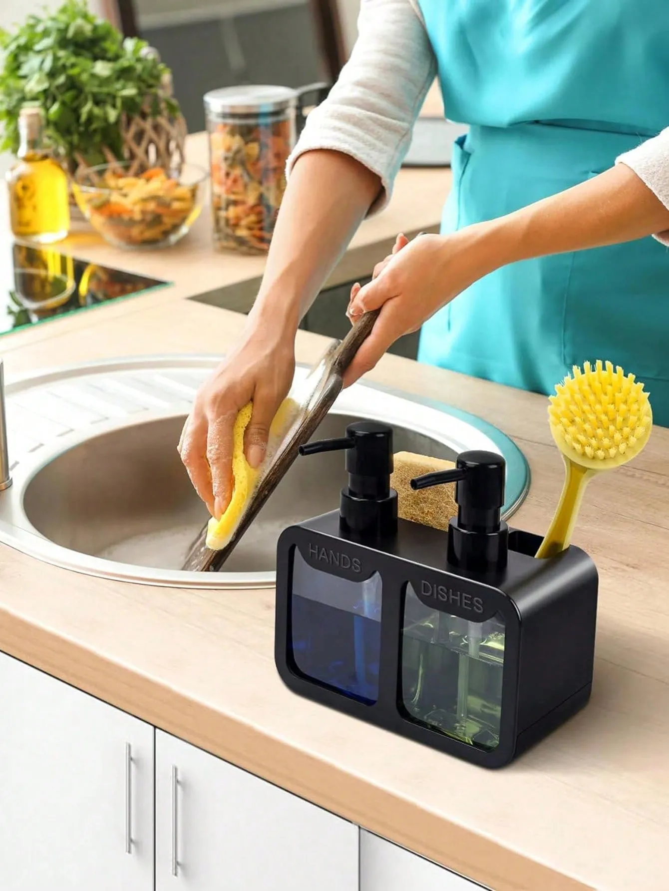 1pc Dish Soap Dispenser For Sink Countertop, Soap Dispenser With Sponge Caddy And Brush Holder, Refillable Lotion Dispenser, Lotion Container For Bathroom, Bathroom Accessories, Home Decor, Furniture For Home