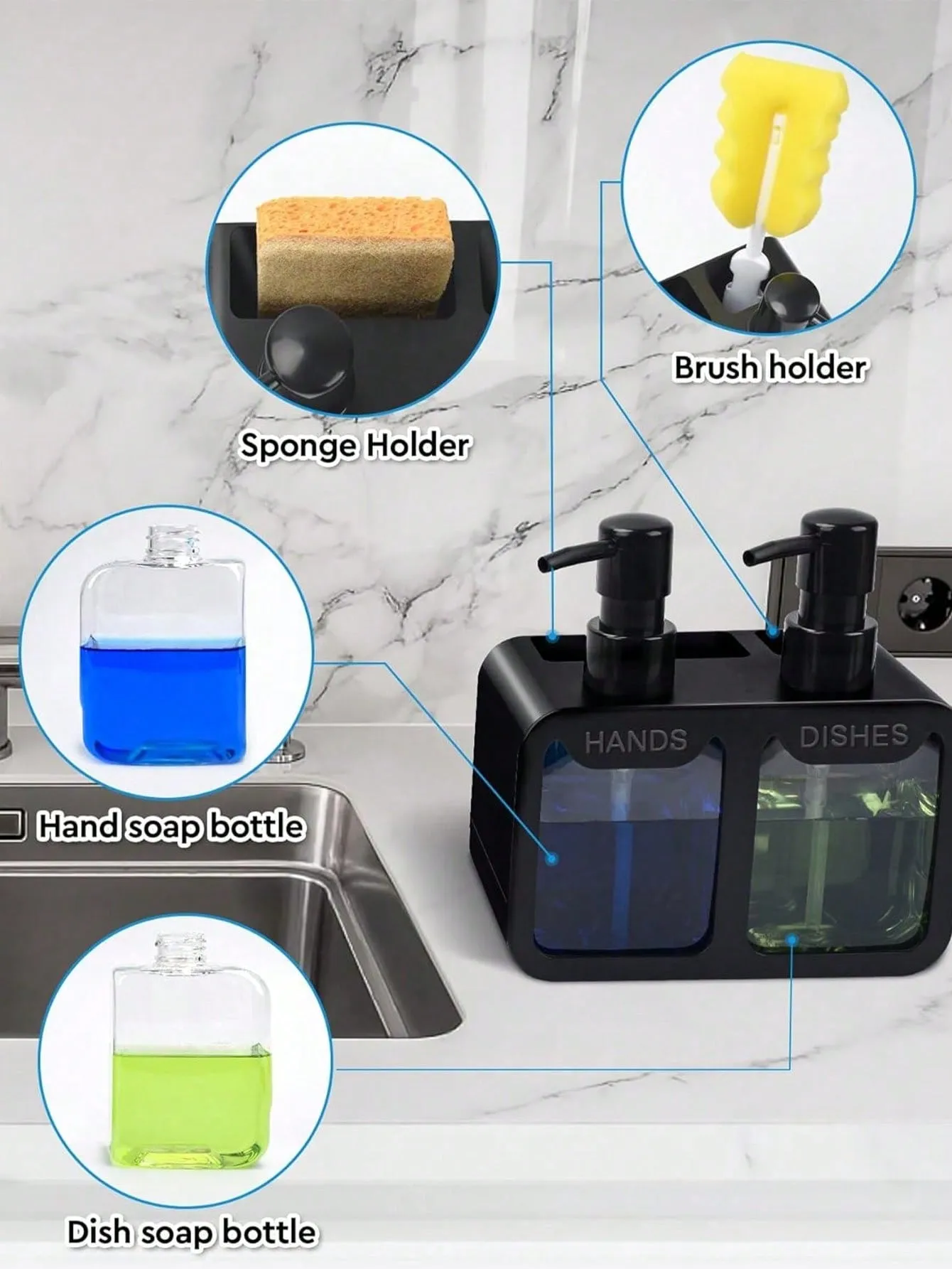 1pc Dish Soap Dispenser For Sink Countertop, Soap Dispenser With Sponge Caddy And Brush Holder, Refillable Lotion Dispenser, Lotion Container For Bathroom, Bathroom Accessories, Home Decor, Furniture For Home