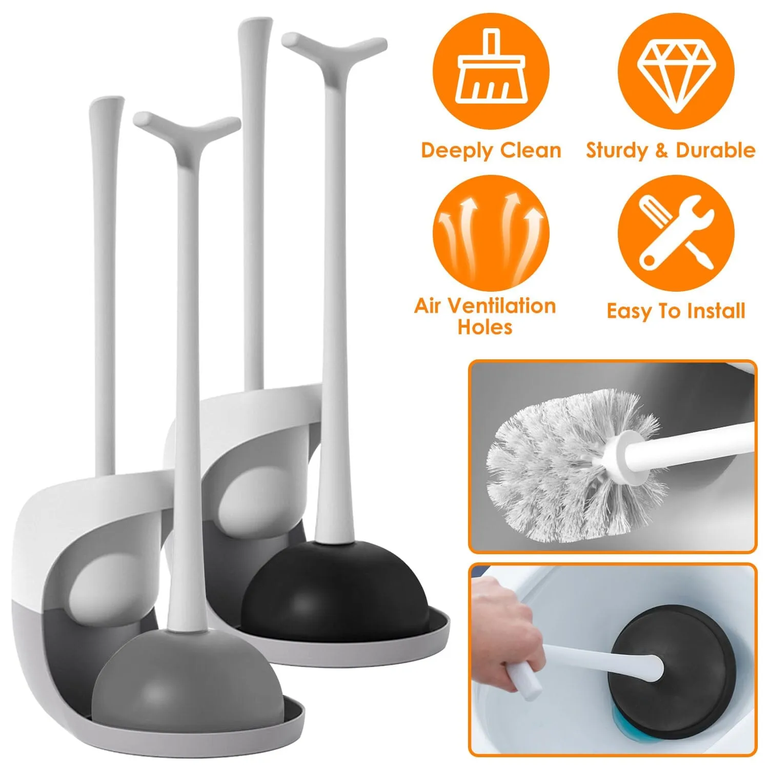 2-in-1 Toilet Plunger and Brush Combo Set with Ventilated Holder