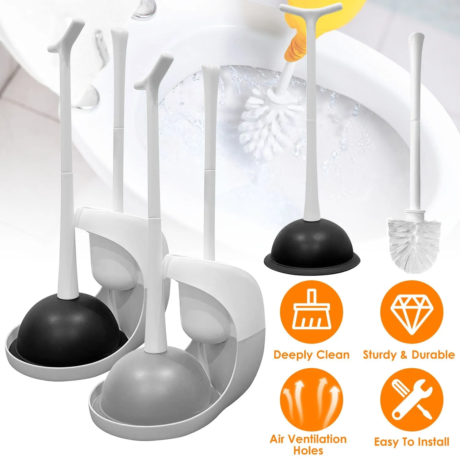 2-in-1 Toilet Plunger and Brush Combo Set with Ventilated Holder