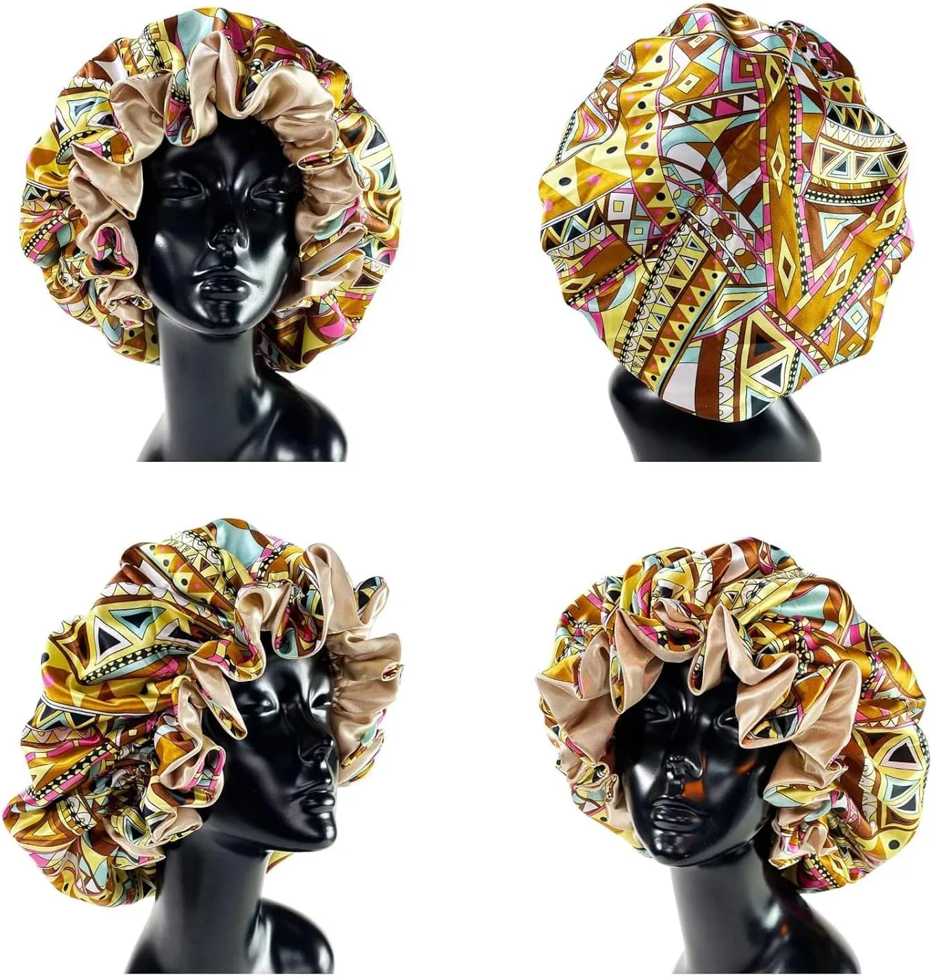 2 Pieces Large Silk Satin Double Layer Printing Sleeping Cap Bonnet for Women Curly Braid Head Hair Cover