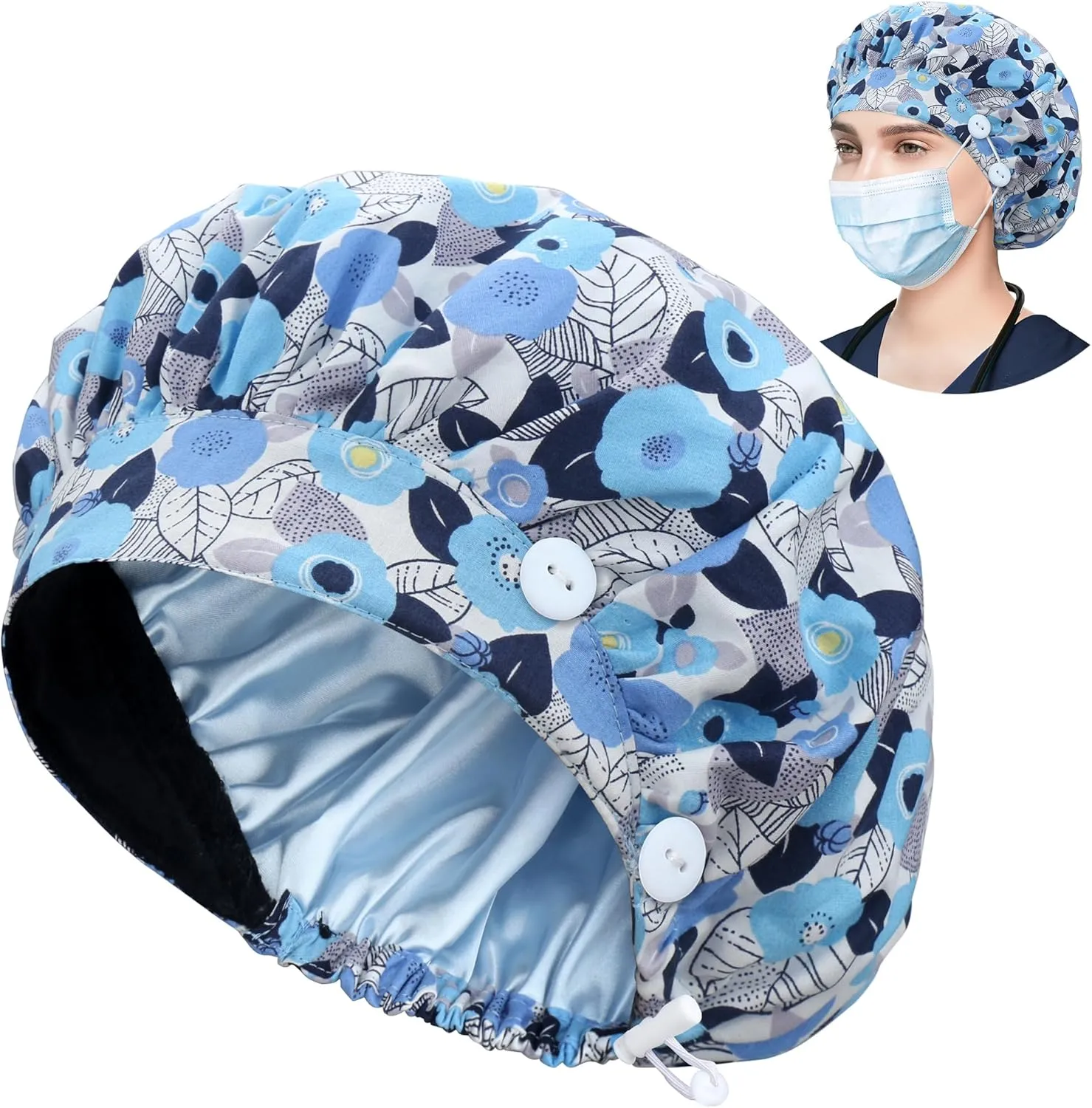 ABAMERICA Bouffant Caps with Button and Sweatband, Adjustable Scrub Caps for Women Men, One Size Multi Color