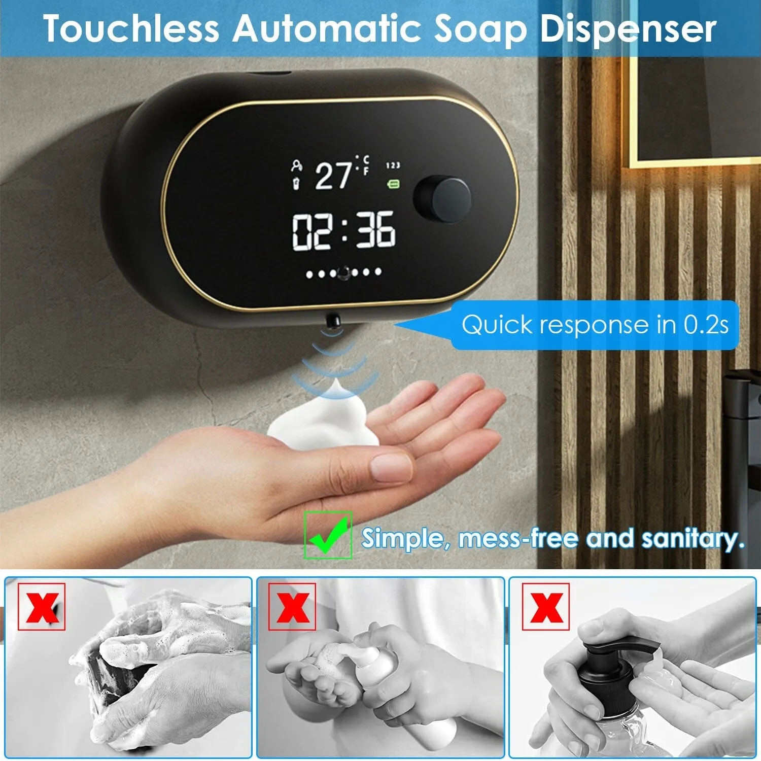 Automatic Soap Dispenser Wall Mounted Hand Free with Clock Temperature