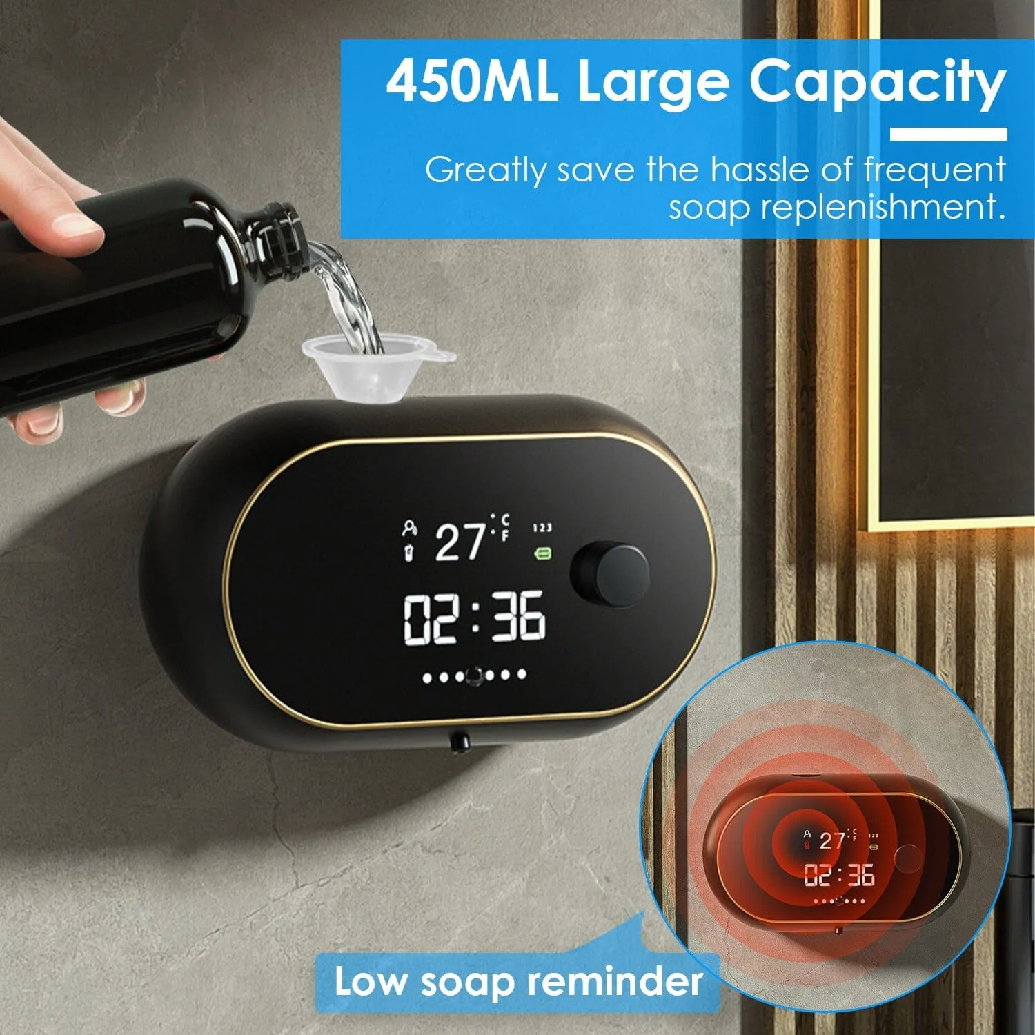 Automatic Soap Dispenser Wall Mounted Hand Free with Clock Temperature