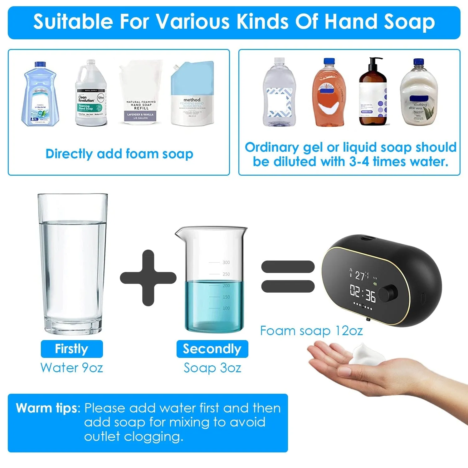Automatic Soap Dispenser Wall Mounted Hand Free with Clock Temperature