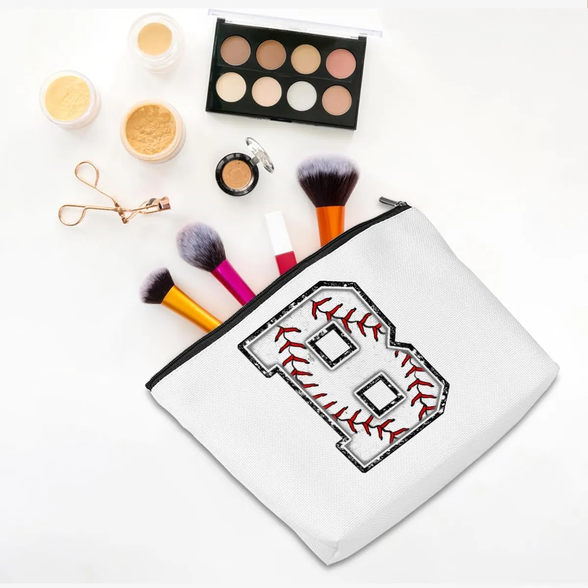 Baseball Gifts Initial Monogrammed Cosmetic Bag - White Letter B Zipper Pouch for Girls Women Baseball Player Coach Friend Graduation Birthday Gifts
