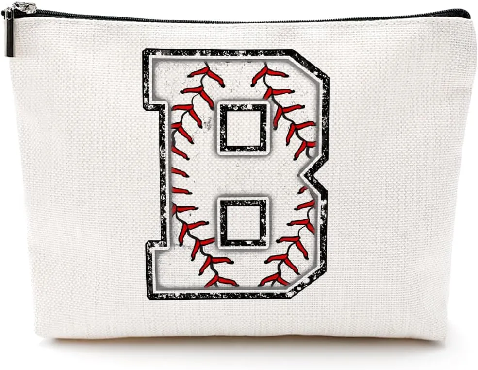 Baseball Gifts Initial Monogrammed Cosmetic Bag - White Letter B Zipper Pouch for Girls Women Baseball Player Coach Friend Graduation Birthday Gifts