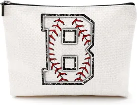 Baseball Gifts Initial Monogrammed Cosmetic Bag - White Letter B Zipper Pouch for Girls Women Baseball Player Coach Friend Graduation Birthday Gifts