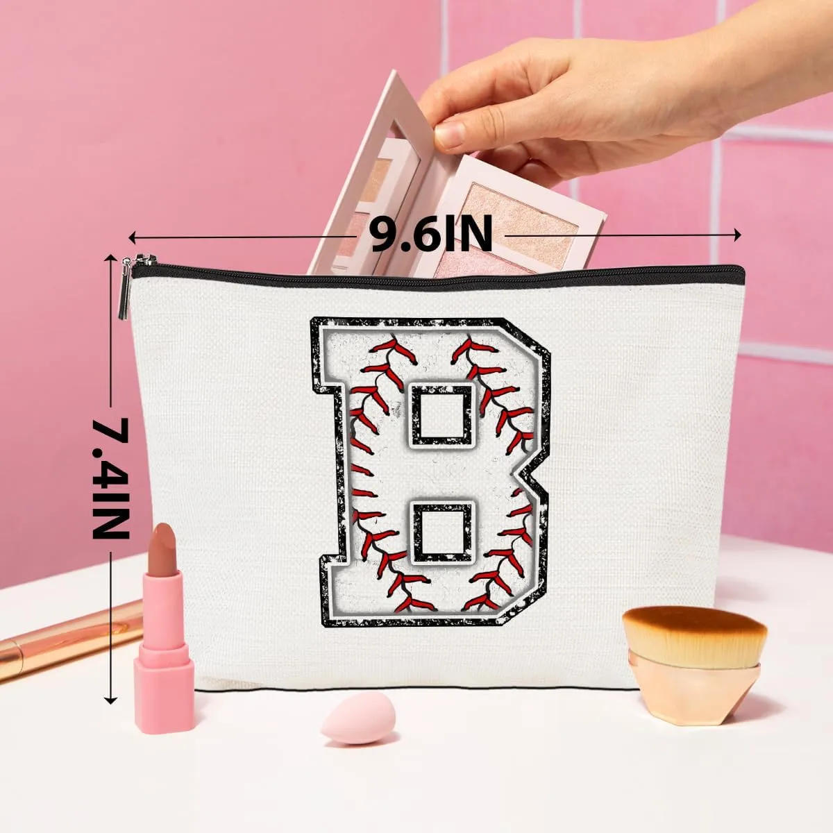 Baseball Gifts Initial Monogrammed Cosmetic Bag - White Letter B Zipper Pouch for Girls Women Baseball Player Coach Friend Graduation Birthday Gifts