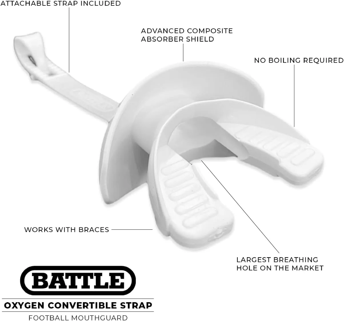 Battle Sports Binky Oxygen Football Mouthguard - Detachable Strap, Maximum Breathability, Works with Braces & No Boiling Required