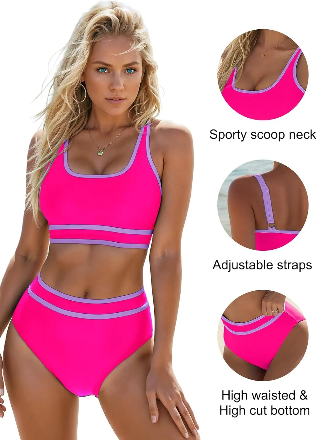 Blooming Jelly Womens High Waist Bikini Sets Sporty Color Block Two Piece Swimsuits Scoop Neck Cheeky Bathing Suits