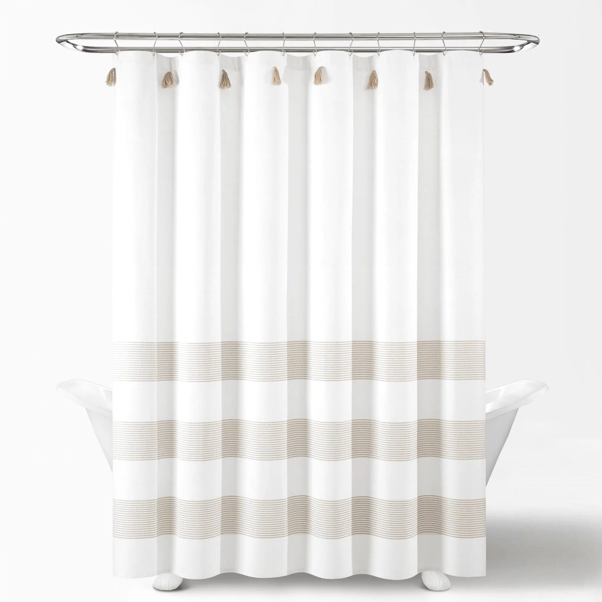 Boho Tassel Stripe Yarn Dyed Recycled Cotton Blend Shower Curtain