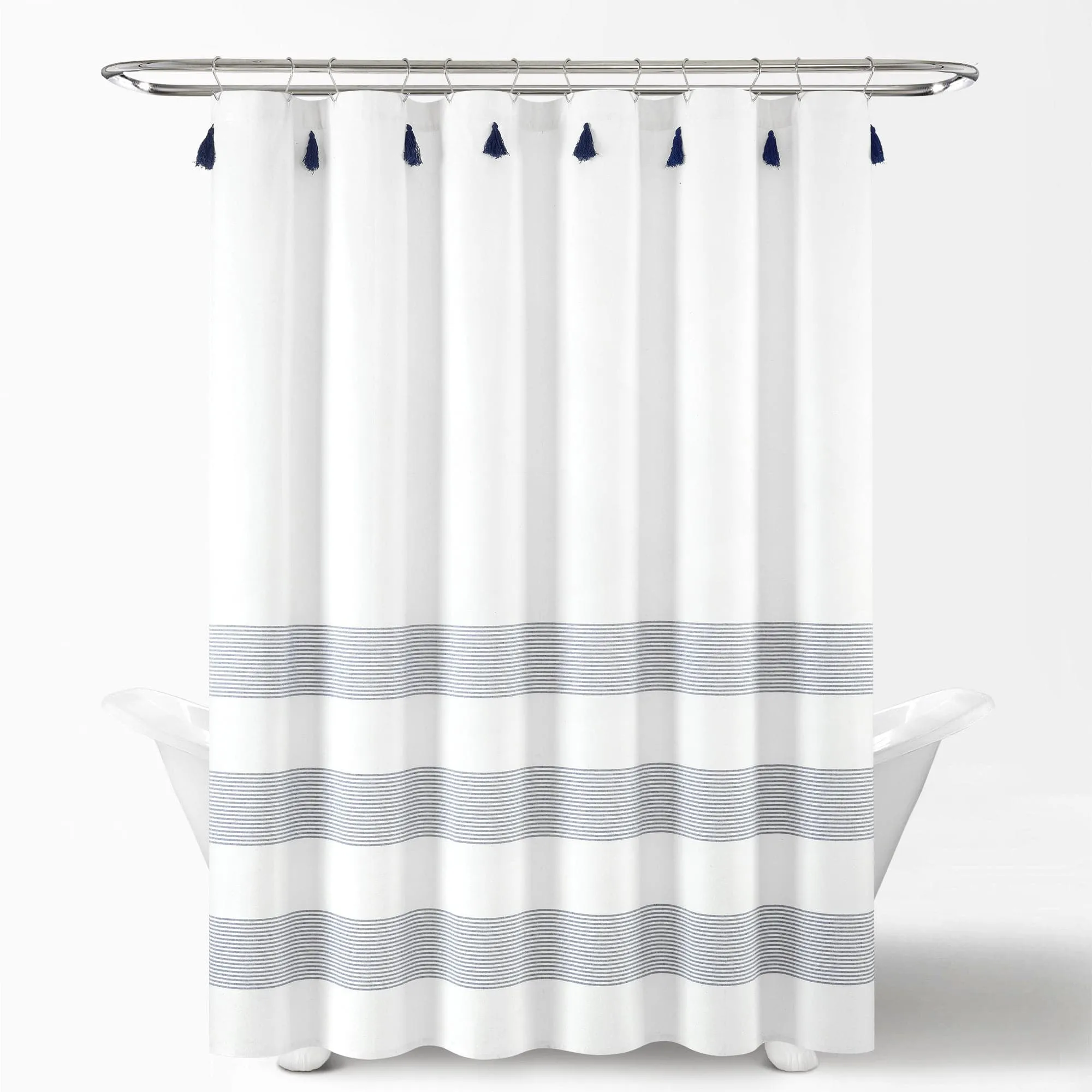 Boho Tassel Stripe Yarn Dyed Recycled Cotton Blend Shower Curtain