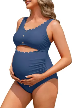 Charmo Maternity One Piece Swimsuit Scalloped Cut Out Ruched High Waisted Scoop Neck Pregnancy Bathing Suit