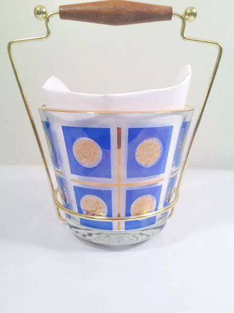 Classic 1960's Retro 22-Karat Gold Blue and Gold Sunburst Ice Container with Carrier