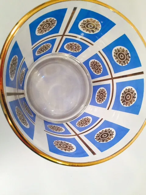 Classic 1960's Retro 22-Karat Gold Blue and Gold Sunburst Ice Container with Carrier