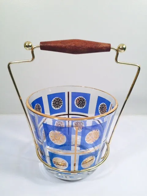 Classic 1960's Retro 22-Karat Gold Blue and Gold Sunburst Ice Container with Carrier