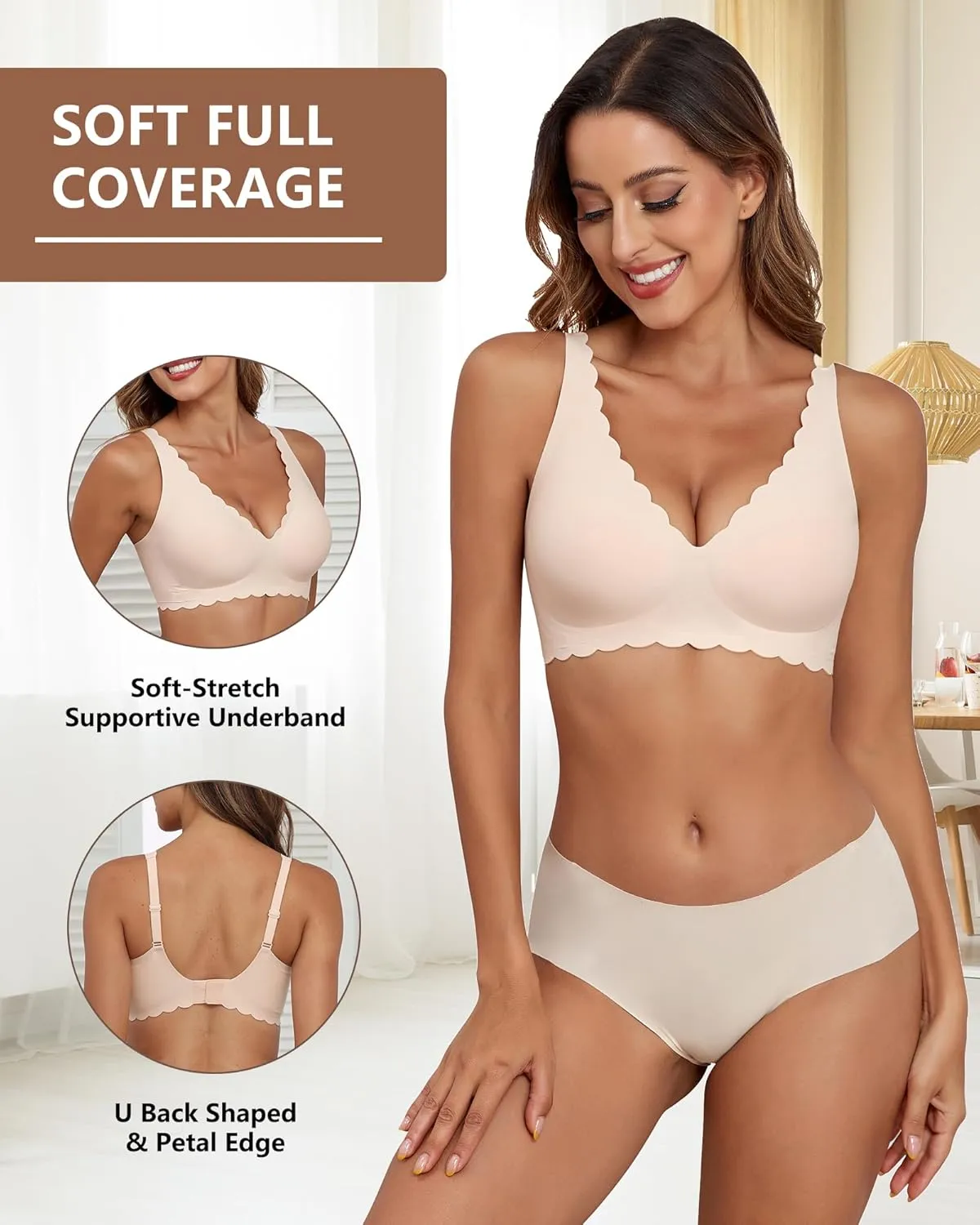 Deep V Neck Wireless Bras for Women No Underwire Scalloped Seamless Bralettes Petal Wavy Womens Bras with Extender