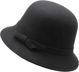 Elegant British Felt Hat Ladies Christmas Carnivals Hat with Bowknot Hat Band Hat for Outdoor Black
