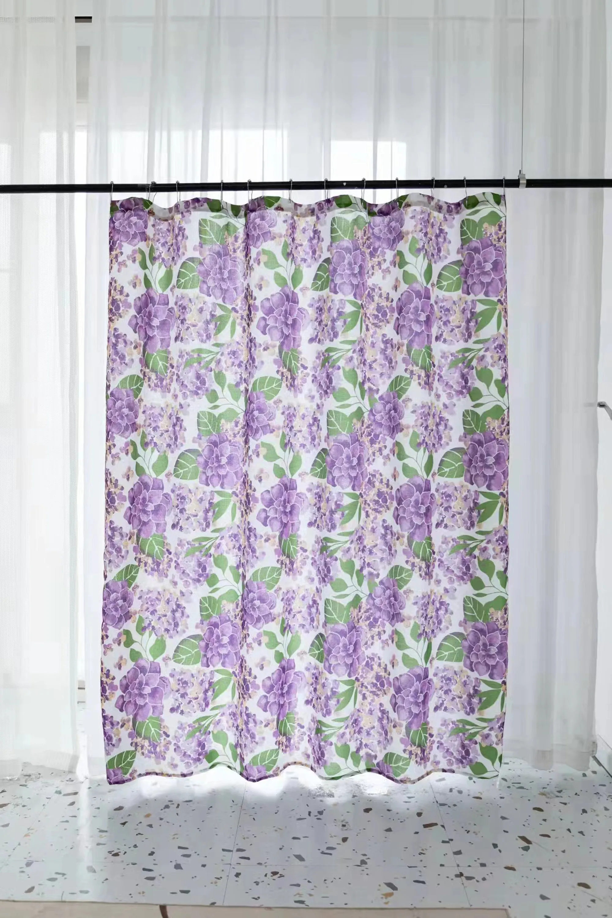 Fabric Floral Shower Bath Curtain with 12 Rollerball Shower Curtain Rings Rustproof Metal Hooks, 83006
