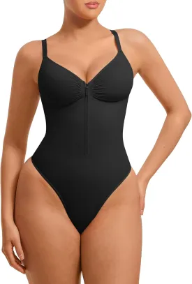 FeelinGirl Shapewear Bodysuits Tummy Control for Women: Seamless Zip-Up Thong Snatched Waist Body Suit V Neck Body Shaper