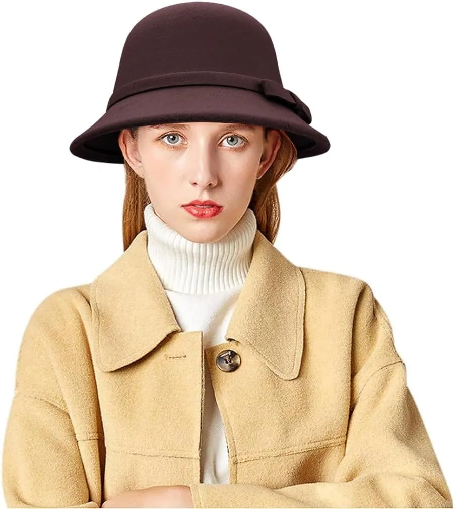 Felt Cloche Hat for Women Bowknot Fedora Bucket Hat 1920s Vintage Bowler Hats