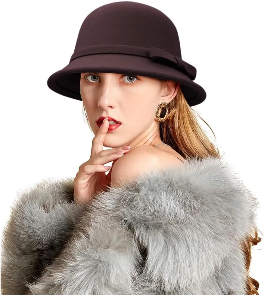 Felt Cloche Hat for Women Bowknot Fedora Bucket Hat 1920s Vintage Bowler Hats