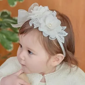 Floral Lace Hair Bow for Baby Girls Soft Stretch Headband for Newborns to Toddlers Baby Shower Birthday Hair Band 0-36 Months (Ivory, Free)