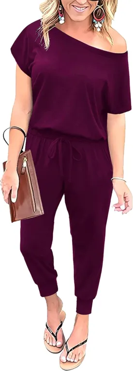 KAY SINN Summer Jumpsuit Rompers Off Shoulder for Women with Pockets Casual Elastic Waist