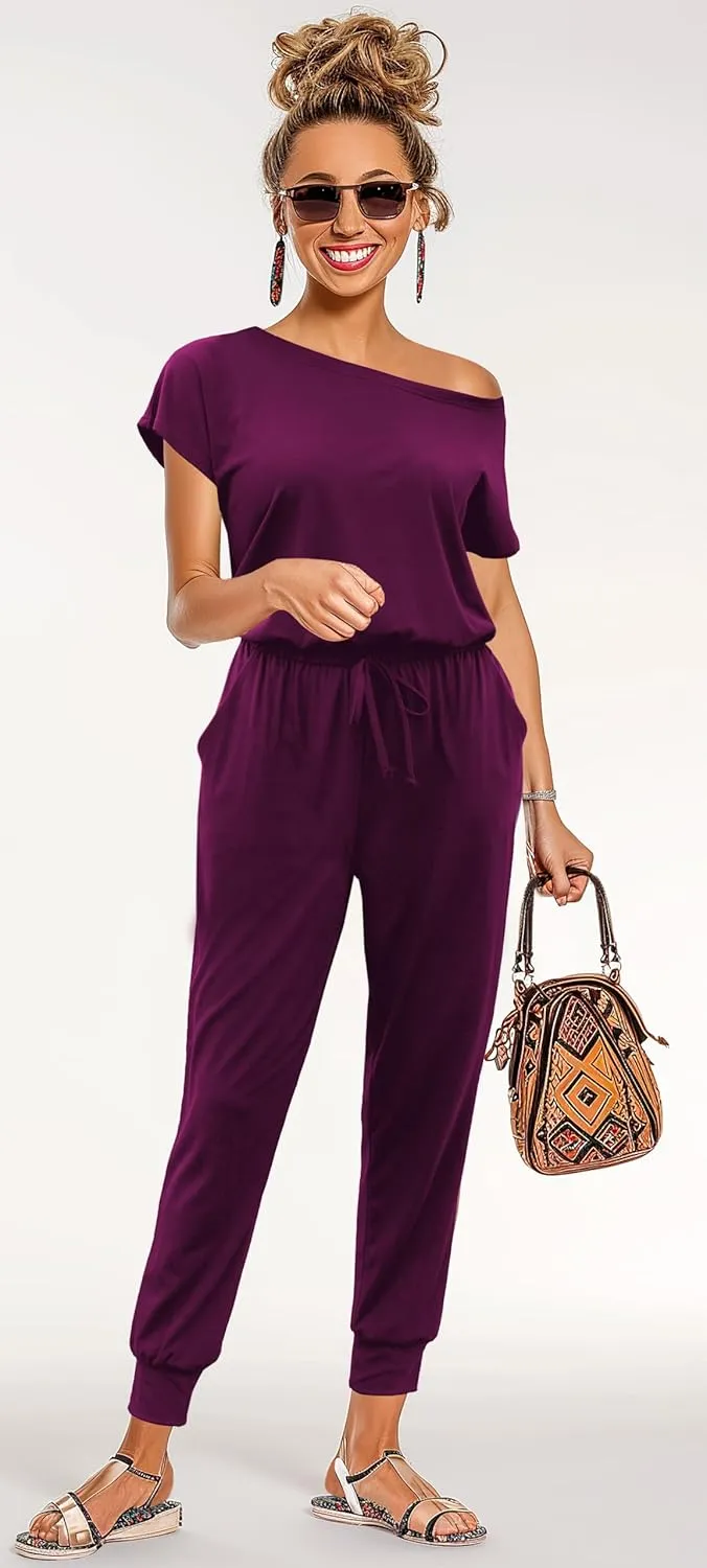 KAY SINN Summer Jumpsuit Rompers Off Shoulder for Women with Pockets Casual Elastic Waist