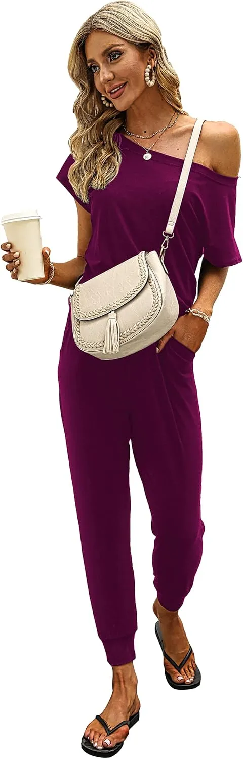 KAY SINN Summer Jumpsuit Rompers Off Shoulder for Women with Pockets Casual Elastic Waist