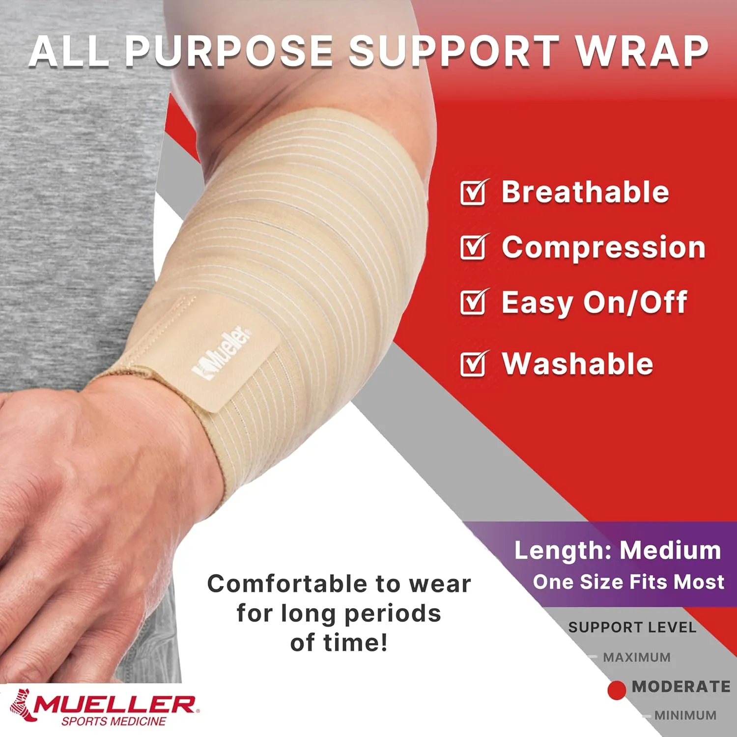 MUELLER Sports Medicine All-Purpose Support Wrap for Men and Women, Adjustable Compression for Joint and Muscle Support, Beige