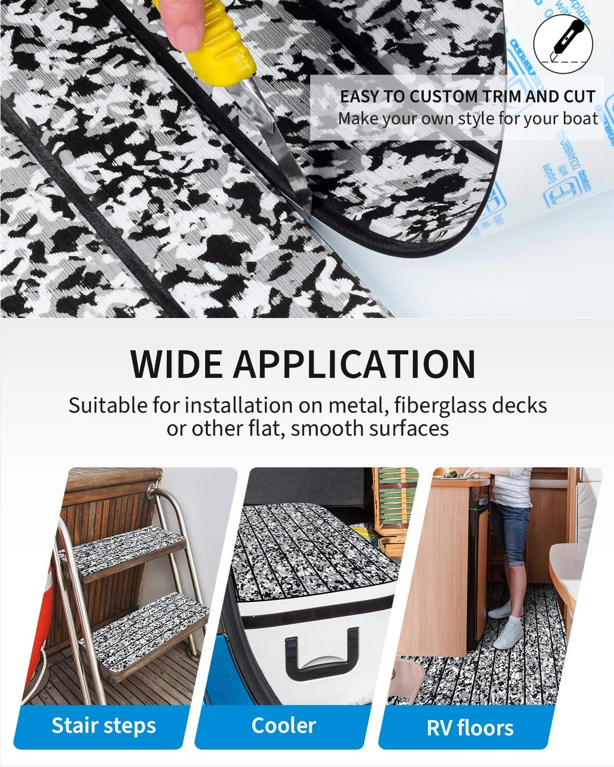 OCEANBROAD Camo Boat Flooring Self-Adhesive Backing Camouflage Decking 96''x45.6''/36''/28.8''/16.8'', 48''x16.8'' EVA Foam Self-Adhesive Non-Slip Marine Sheet for Boats Helm Pad RV Floor