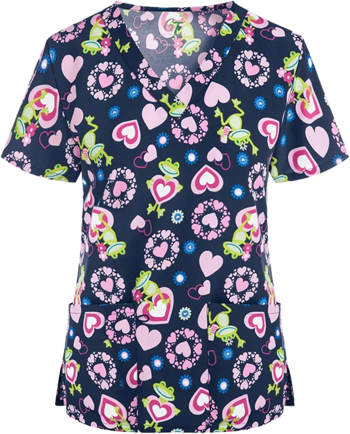 PETYCZEN Womens Scrub Tops Cute Animals Print V Neck Short Sleeve Shirts Stretch Nurse Uniform Medical Scrubs with Pockets