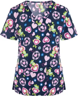 PETYCZEN Womens Scrub Tops Cute Animals Print V Neck Short Sleeve Shirts Stretch Nurse Uniform Medical Scrubs with Pockets