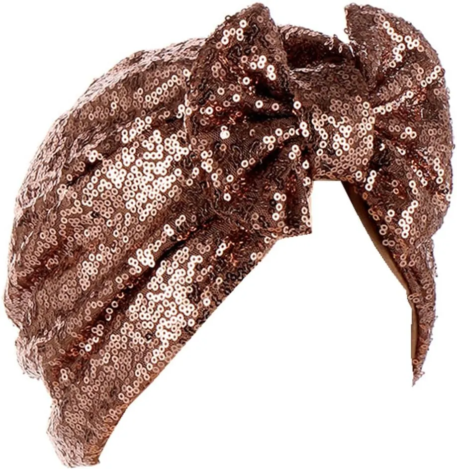 Pre Tied Turban Hats for Women - Knotted Solid Sequin Caps Chemo Beanies Headwrap Headwear for Cancer Daily Use