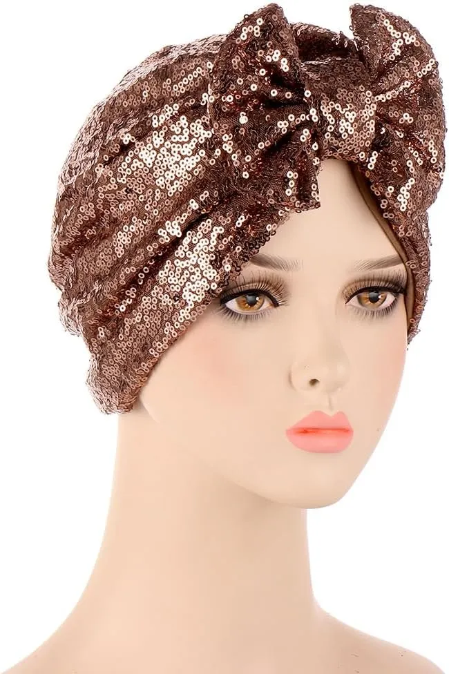 Pre Tied Turban Hats for Women - Knotted Solid Sequin Caps Chemo Beanies Headwrap Headwear for Cancer Daily Use