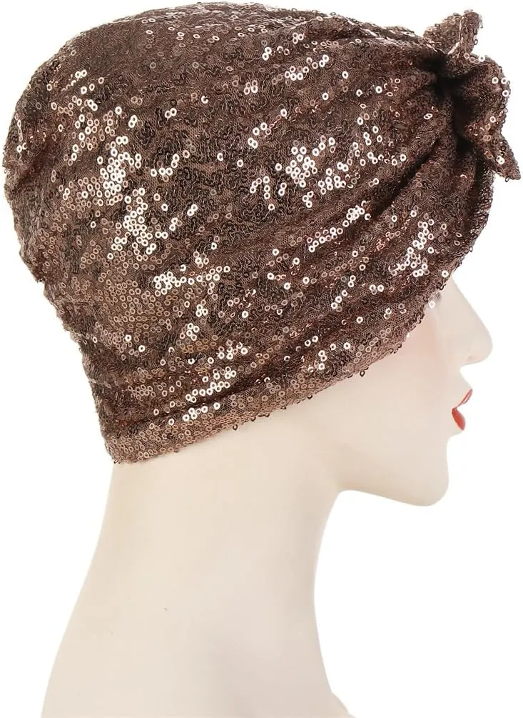 Pre Tied Turban Hats for Women - Knotted Solid Sequin Caps Chemo Beanies Headwrap Headwear for Cancer Daily Use