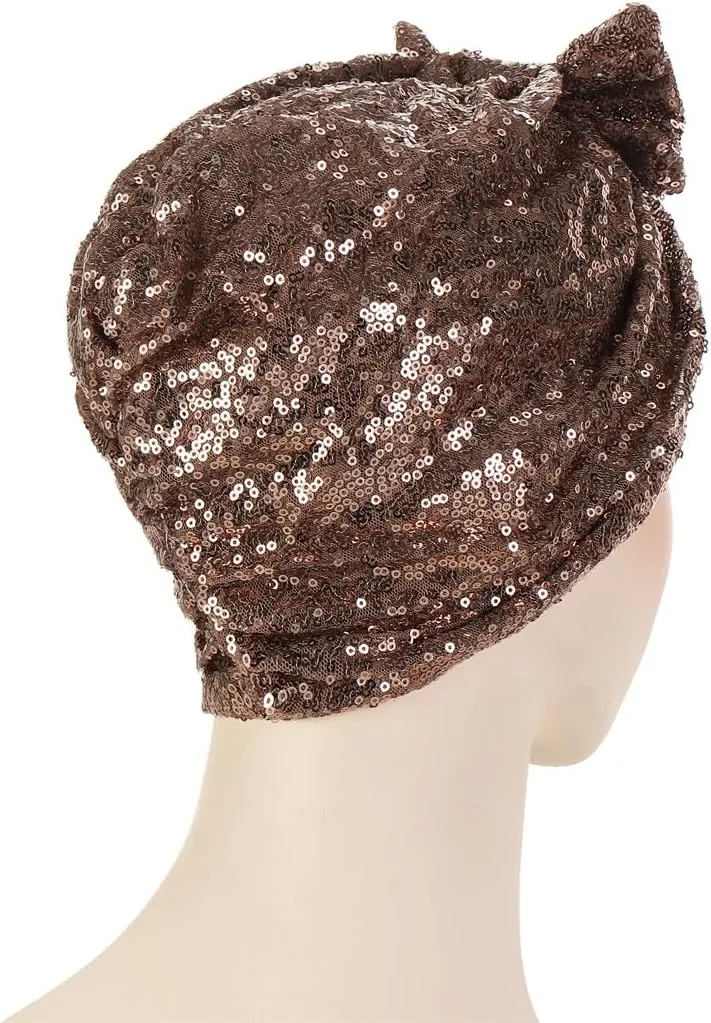 Pre Tied Turban Hats for Women - Knotted Solid Sequin Caps Chemo Beanies Headwrap Headwear for Cancer Daily Use