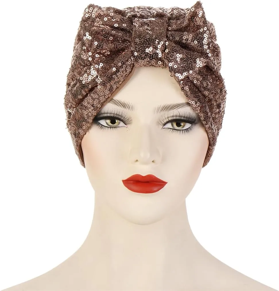 Pre Tied Turban Hats for Women - Knotted Solid Sequin Caps Chemo Beanies Headwrap Headwear for Cancer Daily Use