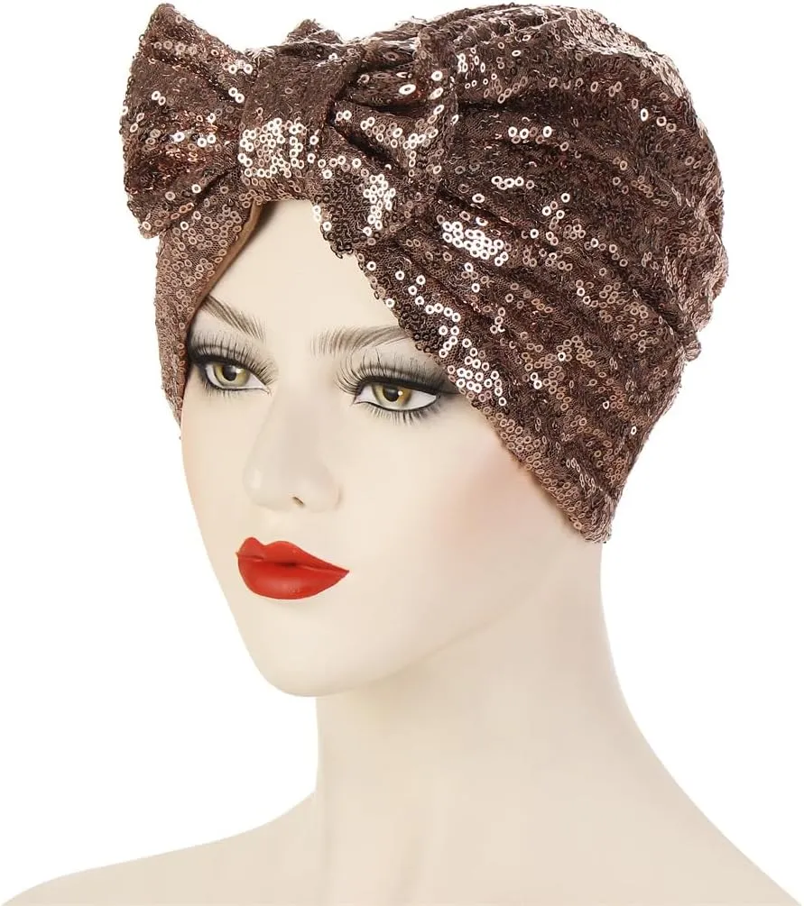 Pre Tied Turban Hats for Women - Knotted Solid Sequin Caps Chemo Beanies Headwrap Headwear for Cancer Daily Use