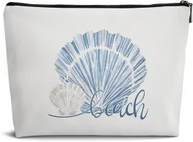 Preppy Blue Sea Shell Makeup Bag for Women,Ocean Shells Beach Pouch for Sunscreen Leather Small Zipper Pouch for Purse,Travel Organizer Pouch Small Makeup Bag for Purse
