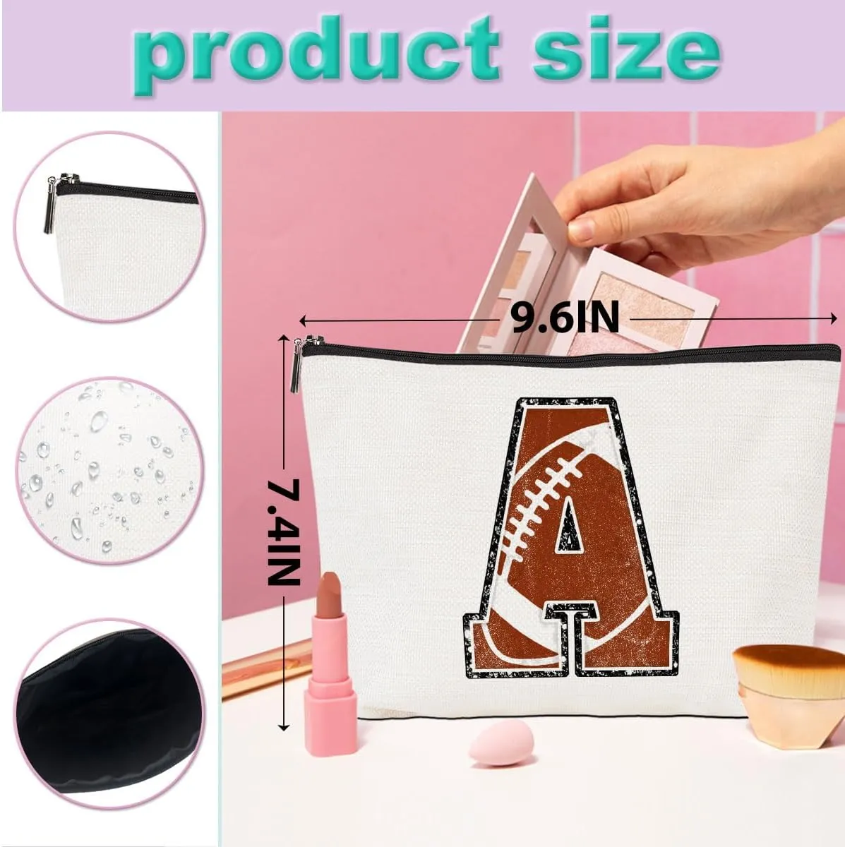 Rugby Gifts Initial Makeup Bag Monogrammed Cosmetic Bag Letter A Zipper Pouch Accessories for Girls Women Player Coach Friend Stuff Graduation Birthday Gifts