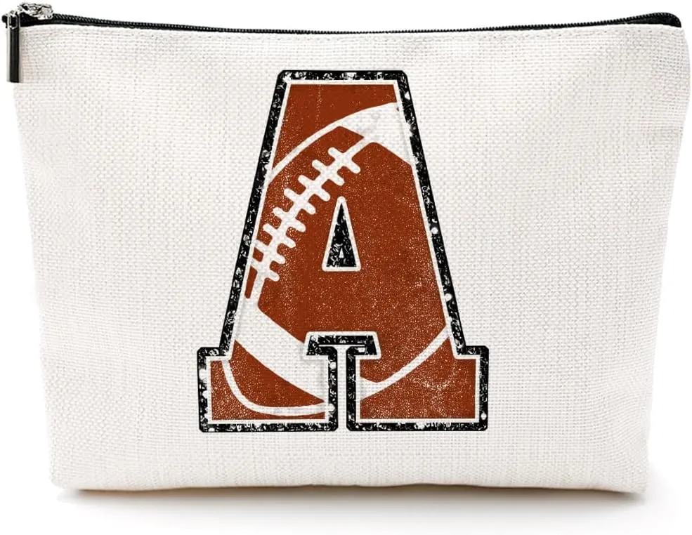 Rugby Gifts Initial Makeup Bag Monogrammed Cosmetic Bag Letter A Zipper Pouch Accessories for Girls Women Player Coach Friend Stuff Graduation Birthday Gifts