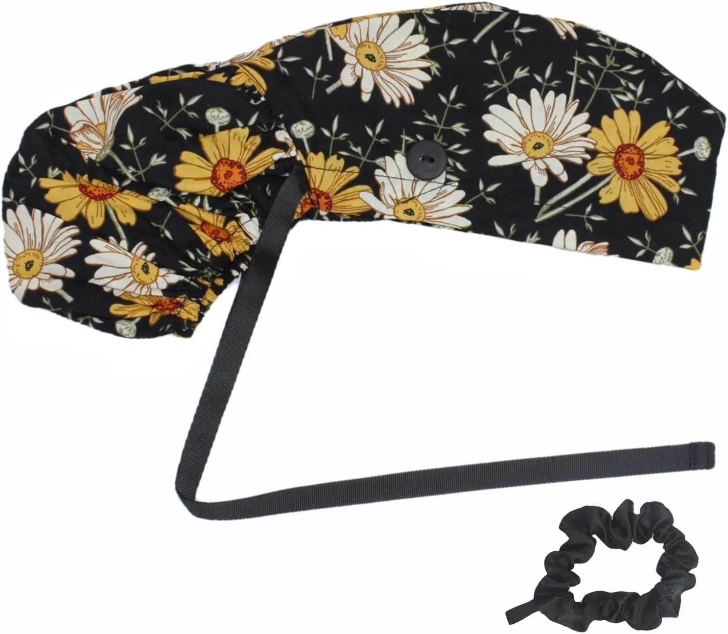 Scrub Cap with Buttons - Cotton Hat with Sweatband, Adjustable Tie Back for Ponytail (Randomly Paired with Hair Ring)