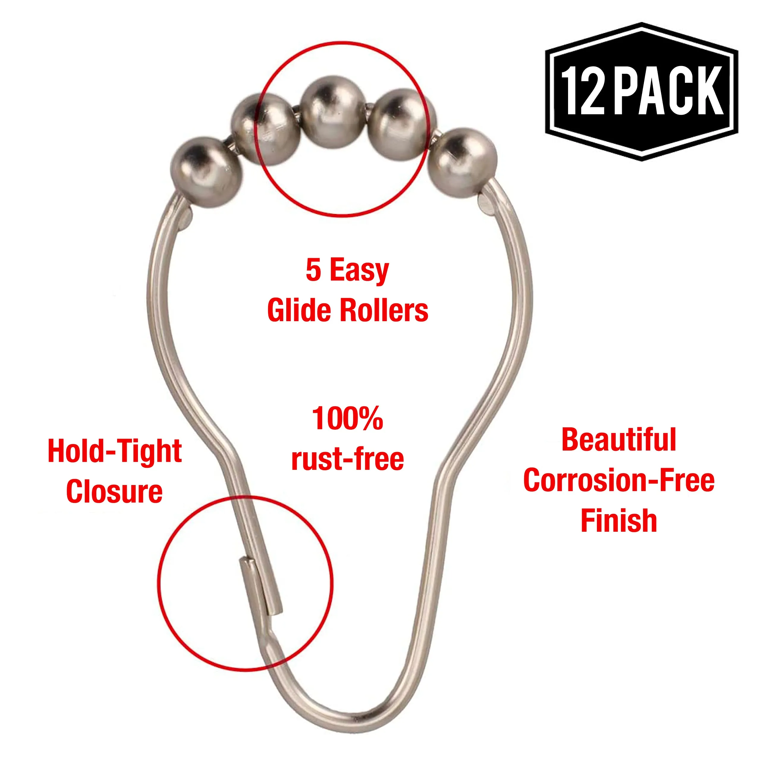 Shower Curtain Rings Hooks - Brushed Nickel Finish - Premium 18/8 Stainless Steel