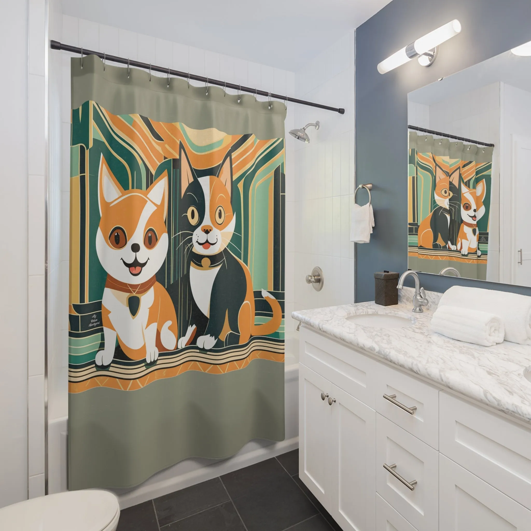 Two Kitties, Shower Curtain, Sage accent color - 71" x 74"